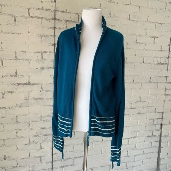 Urban Outfitters Large Blue Zip Up Cardigan Sweater Preppy Y2K Teal Stripe - Picture 1 of 8